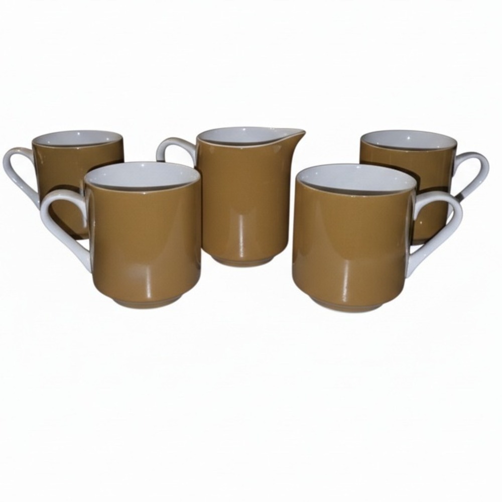 Mikasa Focused Shape Japan Mugs and Creamer Set Gold Brown and White‎